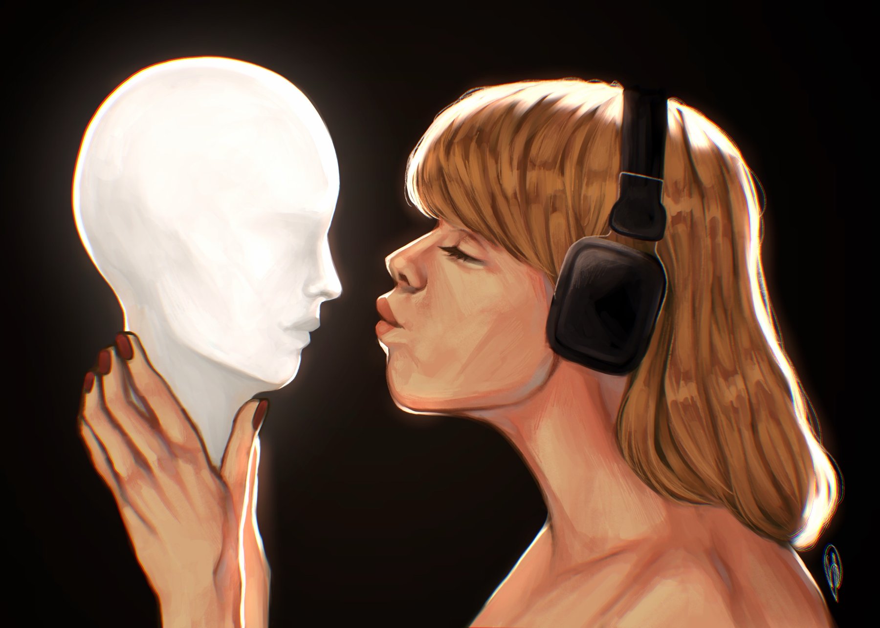 Illustration of a woman wearing headphones, holding a blank white mask up to her own face.