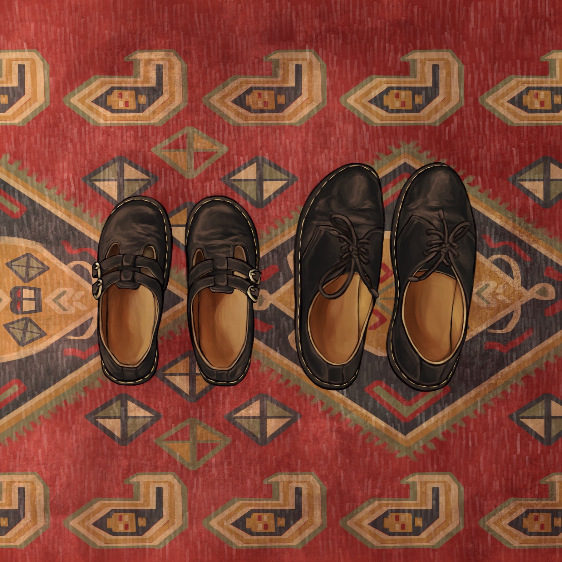Illustration of two pairs of black leather shoes, mary janes and oxfords, on a patterned rug.