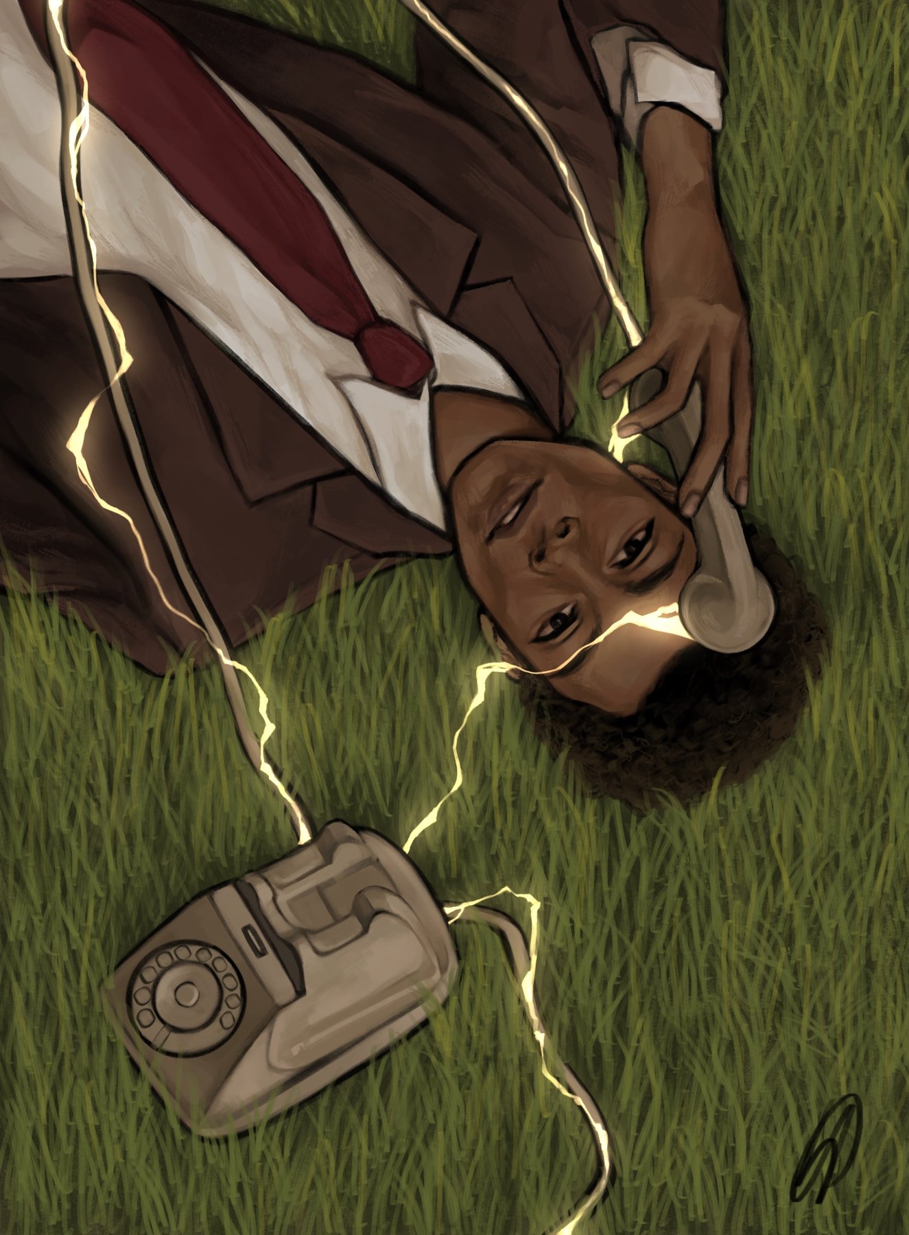Illustration of a person lying in grass, holding a glowing rotary phone receiver up to their face.