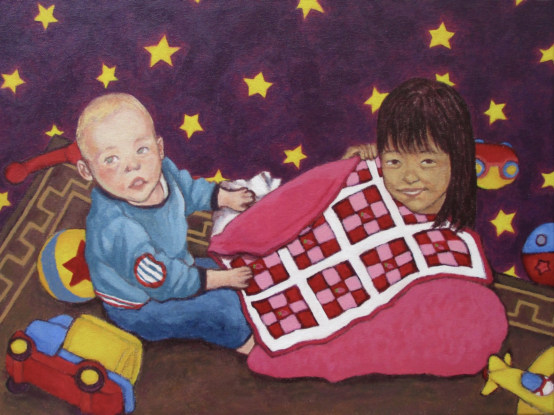 Oil painting of two children playing with a pink checkered quilt against a starry night backdrop.