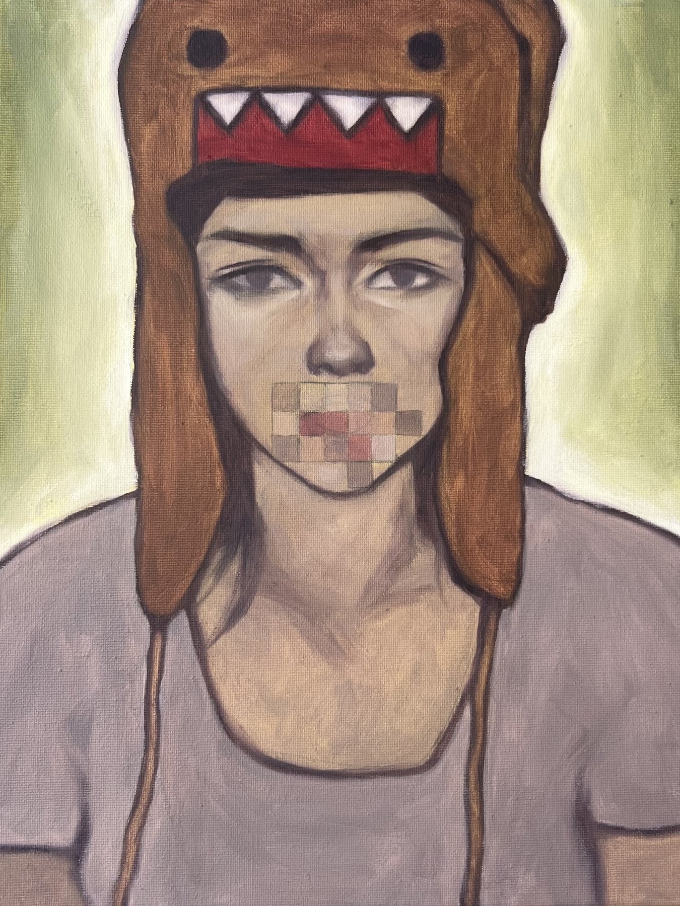 Oil painting portrait of a person wearing a brown monster-face hat, mouth obscured by a pixelated patch.