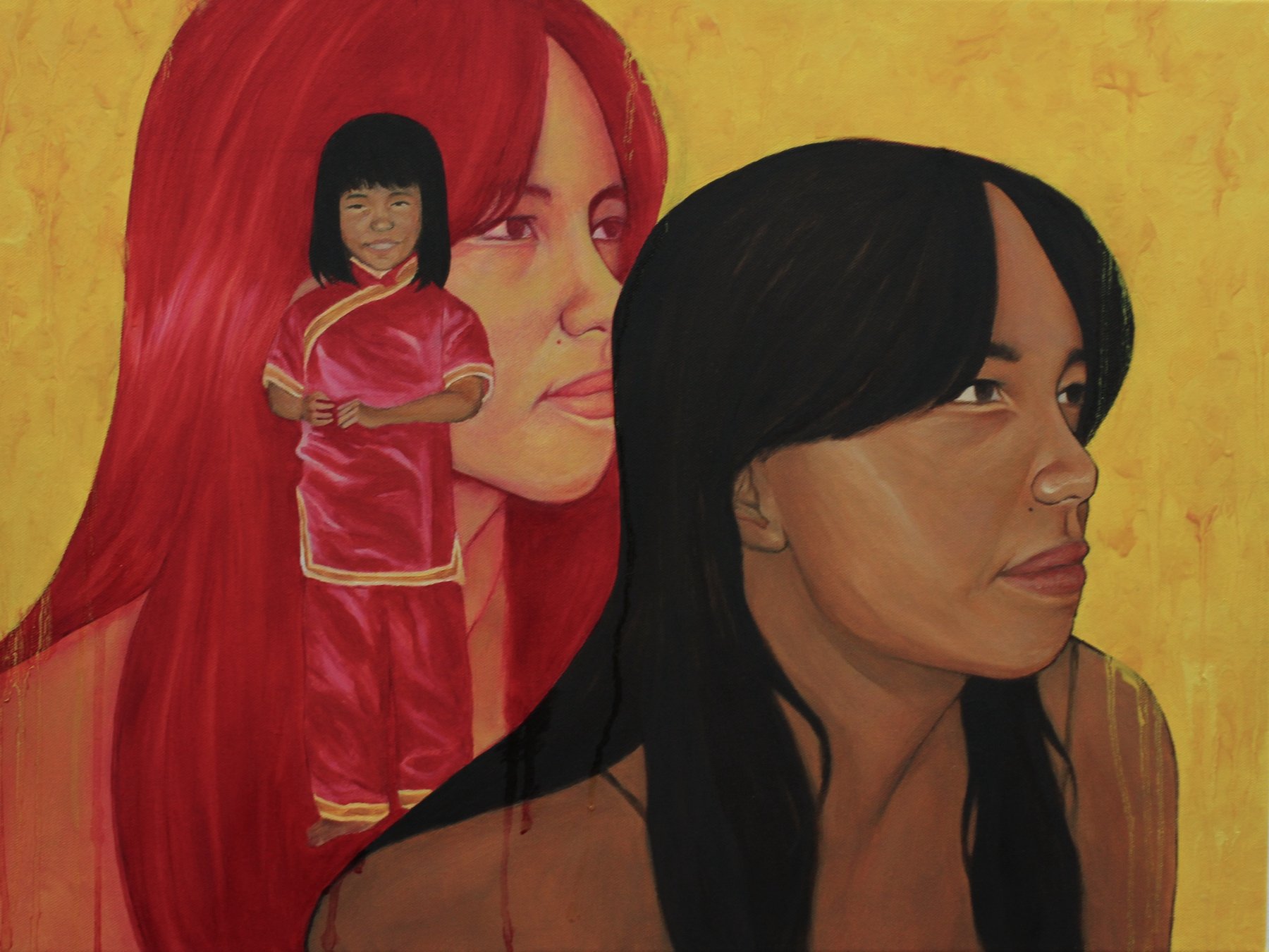 Oil painting of a red-haired woman with a child in a red qipao layered into her hair, on a yellow background.