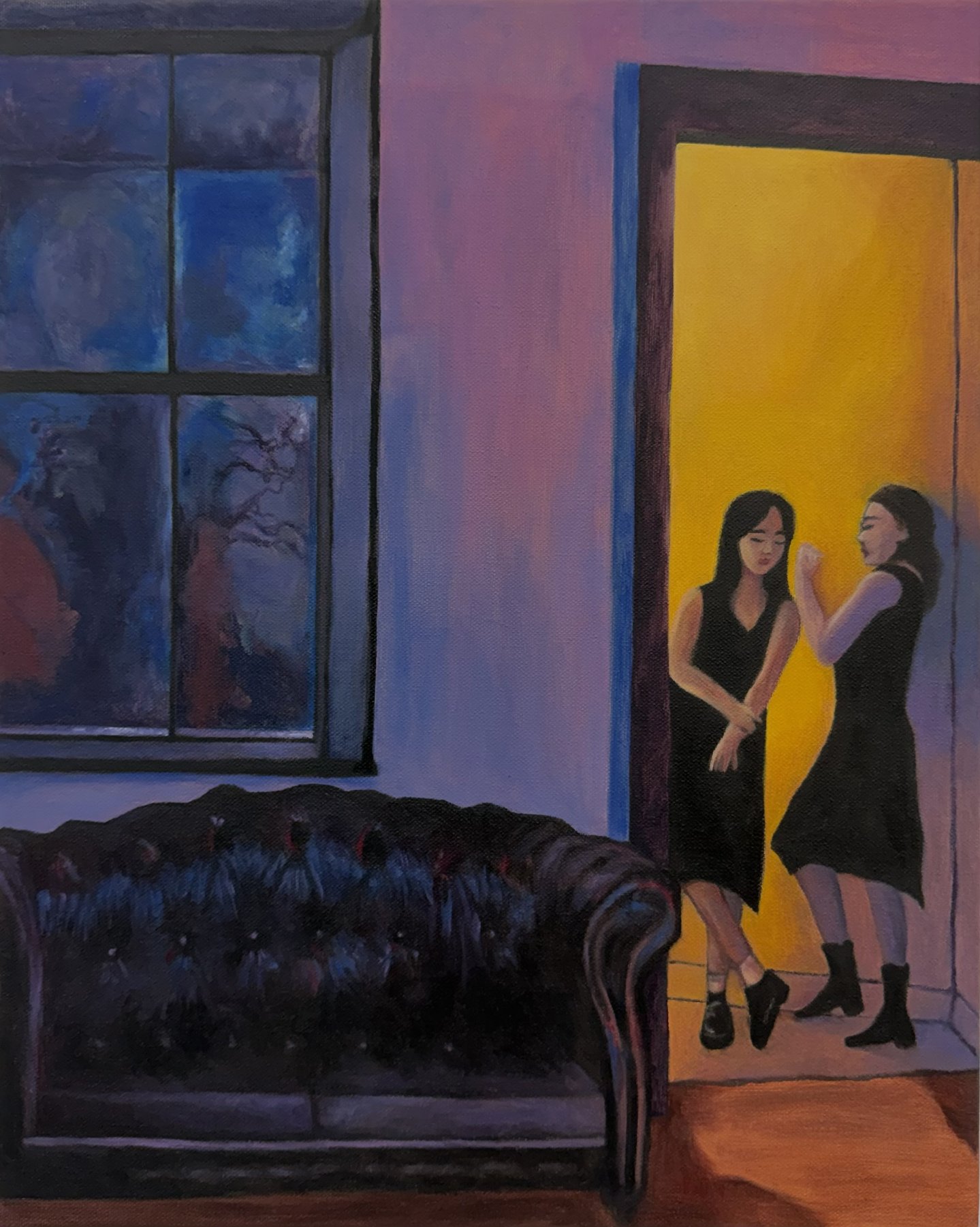 Oil painting of two women in black dresses laughing together in a lit yellow doorway, dark room with a couch in the foreground.